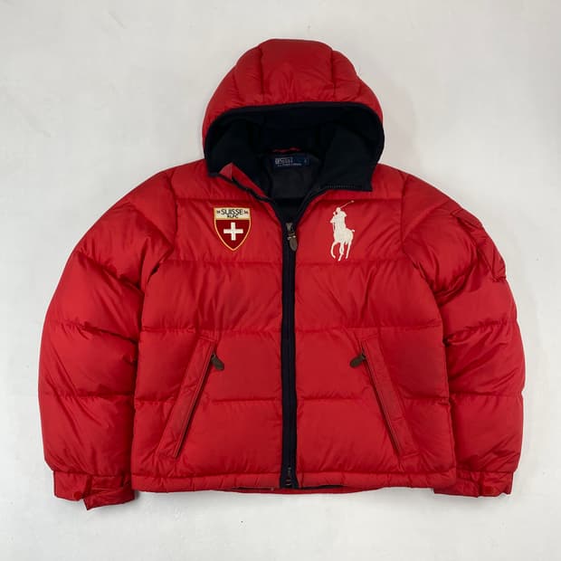 폴로 자수 빅포니 스위스 레드 푸퍼 다운 숏 패딩 (100)