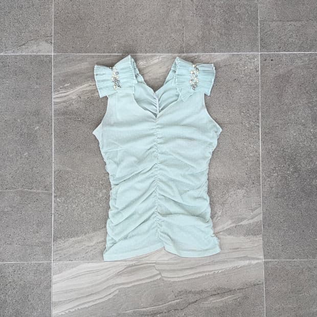 Mint dot shirring pleats beads 슬리브리스