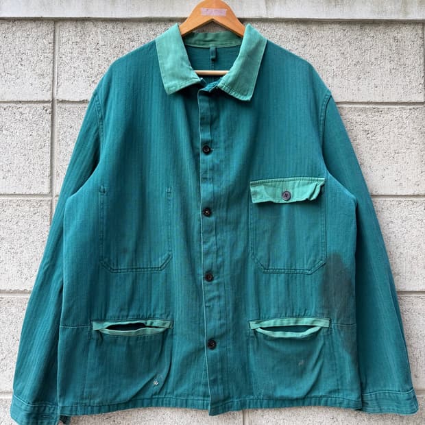 70s FRENCH TWOTONE HBT GREEN 헤링본프렌치워크자켓