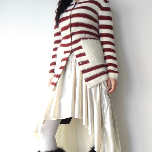 Stripe pocket fur cardigan / red & white