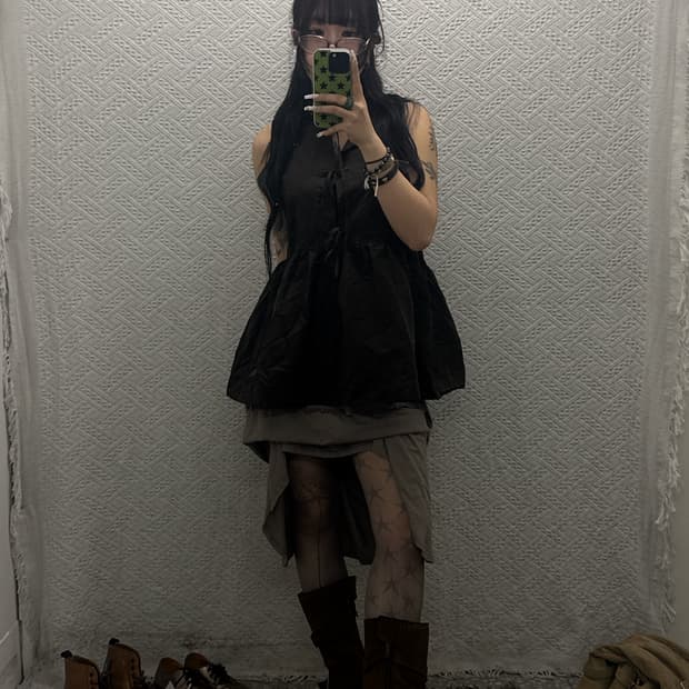 빈티지 초코브라우니 러블리 셔링 리본 나시 레이어드 블라우스 K0059