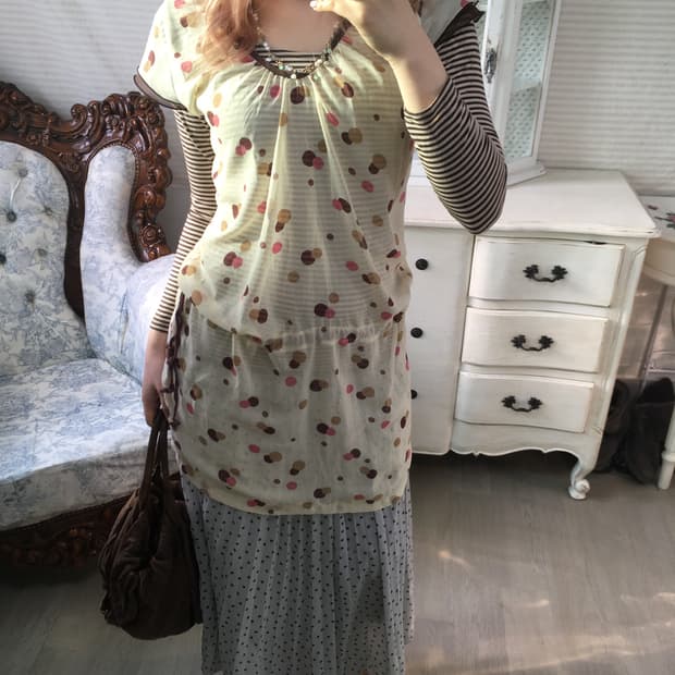 Set) 일본빈티지 도트 블라우스 + 브라운 스트라이프티