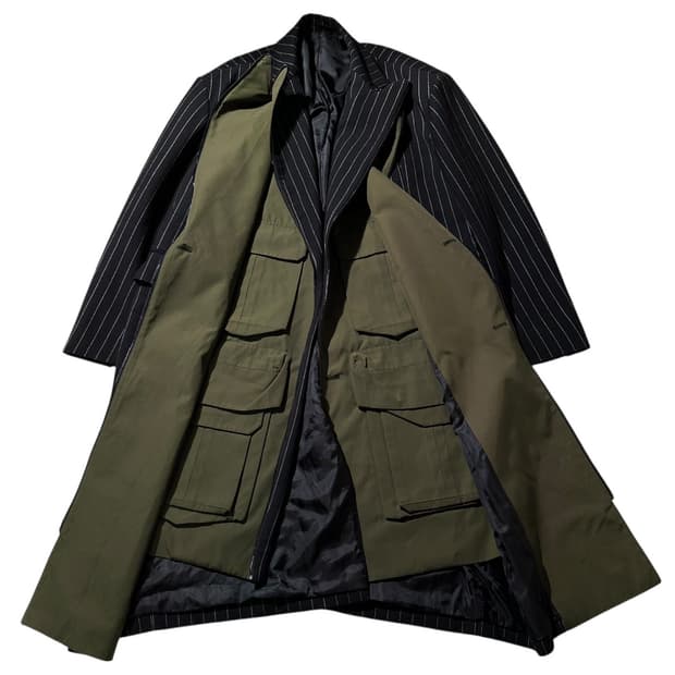 준지 핀 스트라이프 유틸리티 라이너 더블 브레스티드 롱코트