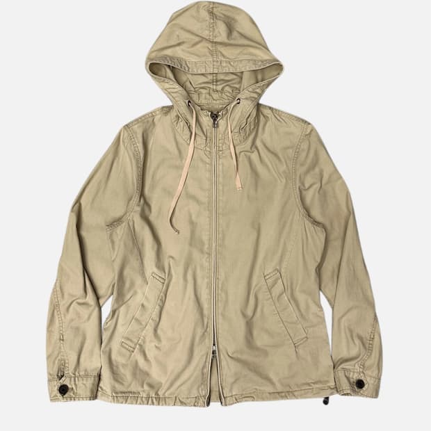 beige high neck hood jacket