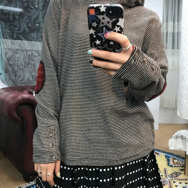 빈티지 여성 스트라이프 엘보패치 후드티 