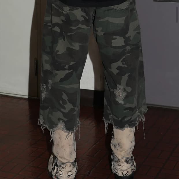 ESC STUDIO 카모 데미지 워싱 버뮤다 팬츠