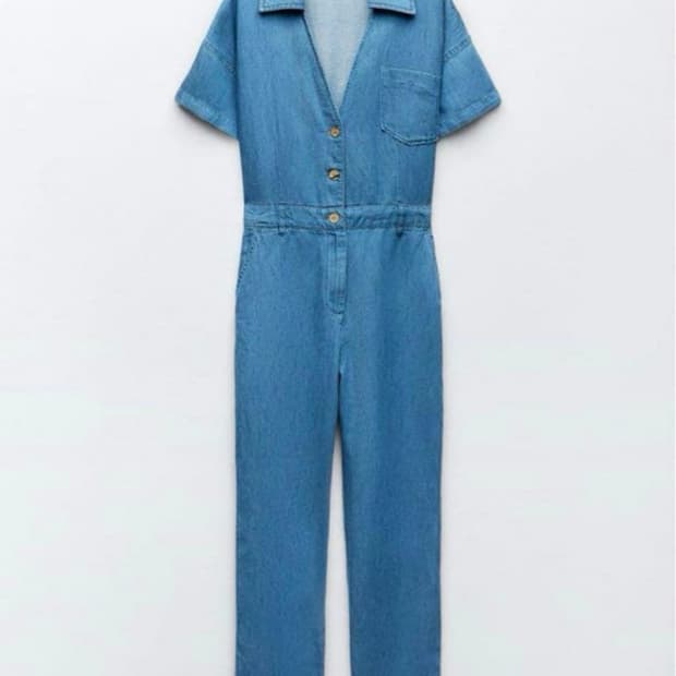 [ZARA] 자라 리넨 블렌드 반팔 점프수트 (데님 블루)