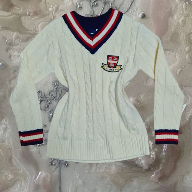 빈티지 필데이즈 TMRW 와펜 프레피룩 케이블 니트 브이넥 스쿨룩