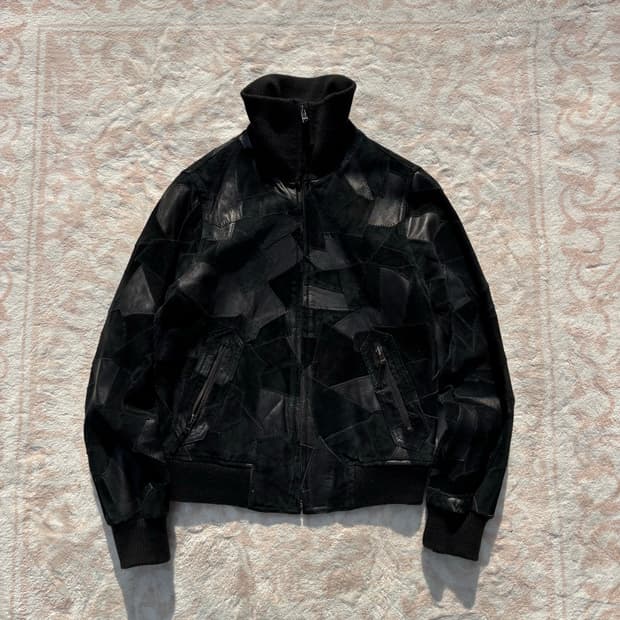 RU Jeans 패치워크 블랙 리얼레더 크롭 봄버자켓