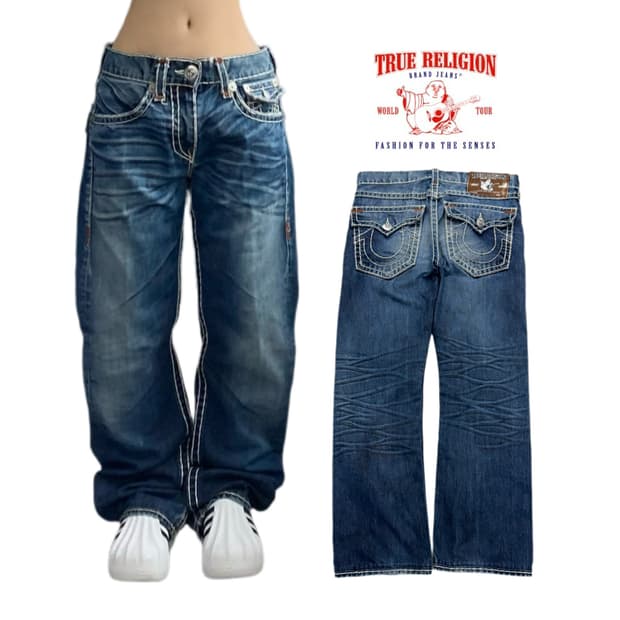 트루릴리전 Y2K 흰색스티치 리키슈퍼티 와이드 데님팬츠