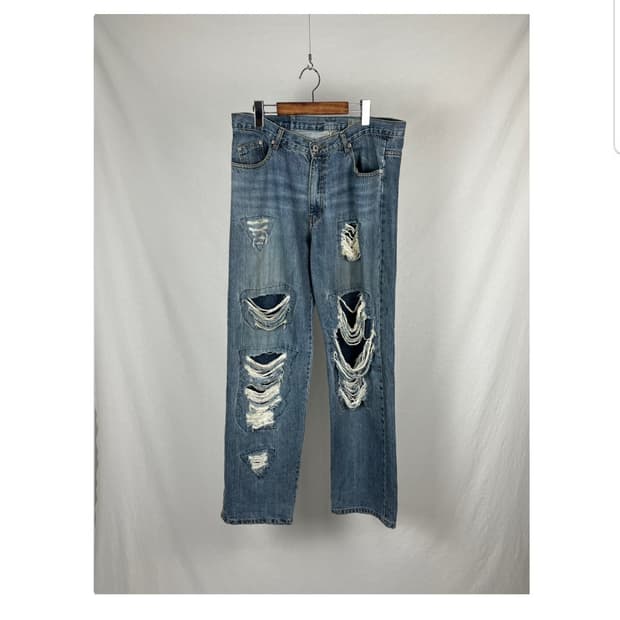 Vintage 데미지 연청 와이드핏 데님팬츠 