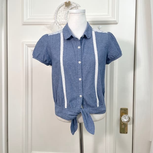 denim lace detail puff sleeve bow shirt