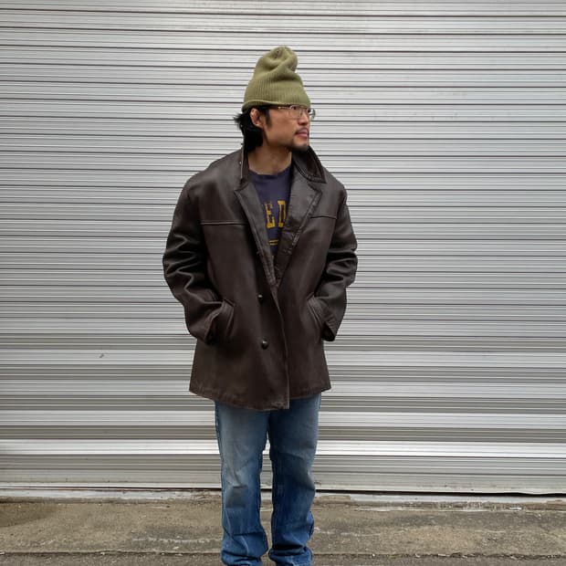 Rare!)60s French Brown Leather Car Coat 