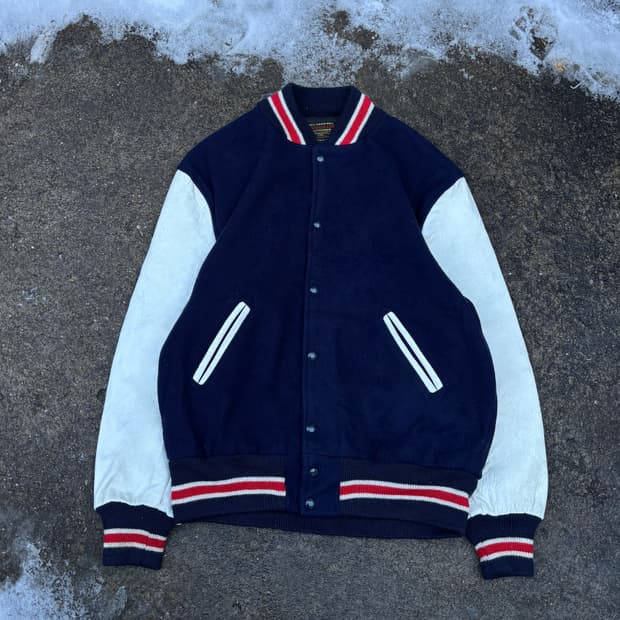 빈티지 네이비 리얼레더 바시티자켓