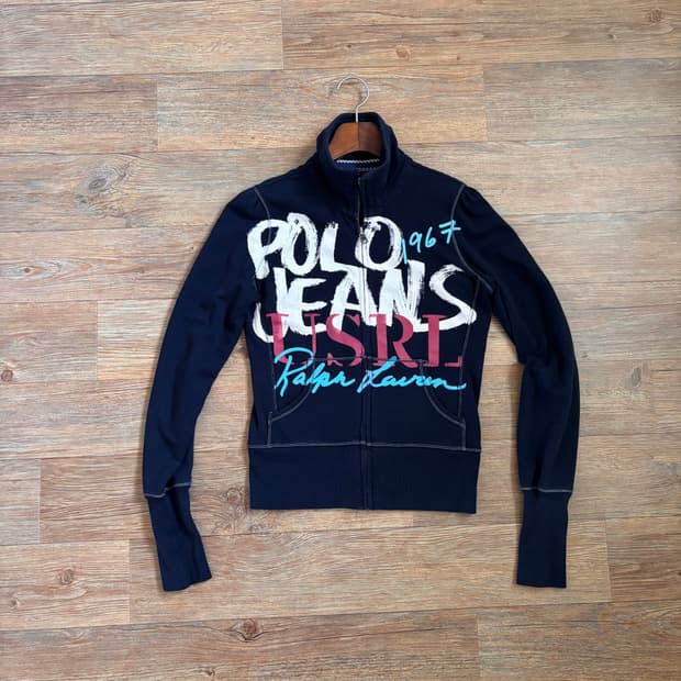 폴로진 XS 네이비 집업 점퍼 프린팅 그래픽 두산 랄프로렌