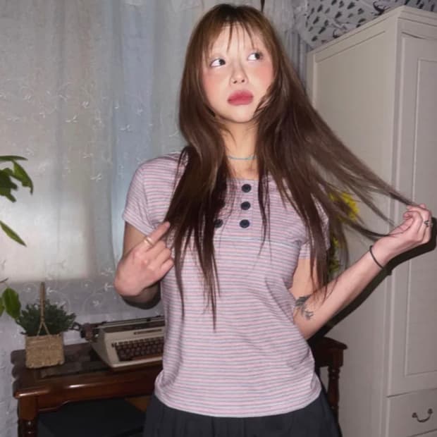 더블 버튼 ST 텐셀 반팔 후드티
