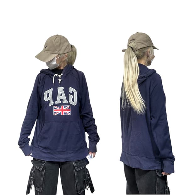 Gap 유니온잭 y2k 빅 로고 네이비 후드티 M