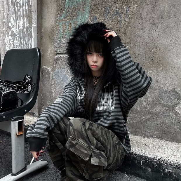 Fluffy Collar Stripe Zip Hoodie