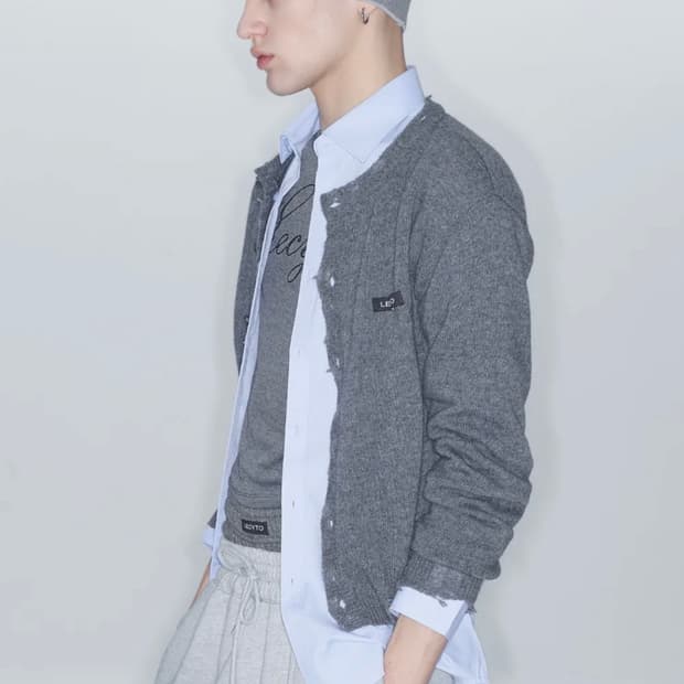 Destroyed Round Wool Knit Cardigan_차콜