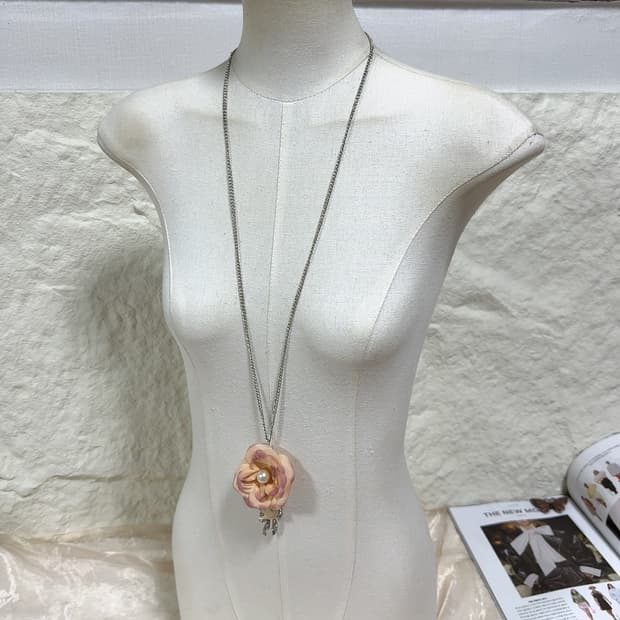 빈티지 망사 플라워 진주 리본 새 쿠바체인 목걸이
