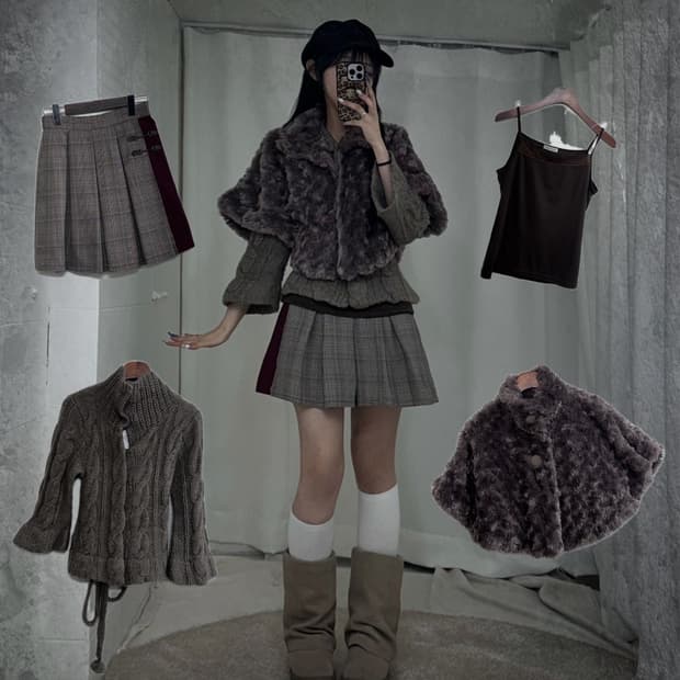 엑시즈팜 코코아 초코브라운 퍼 케이프 니혼진 코디세트 