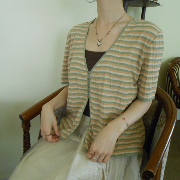 캔디 스트라이프 단추 반팔 가디건