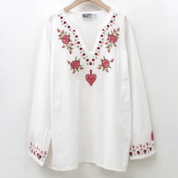 유럽 빈티지 플라워 십자수 자수 레이스 화이트 블라우스