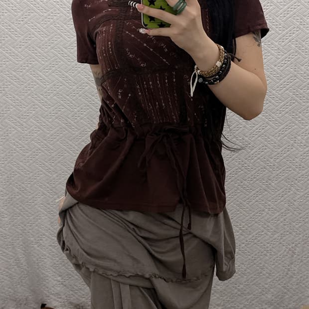 빈티지 초코브라운 레이스 셔링 오리엔탈 자수 반팔티 K0019