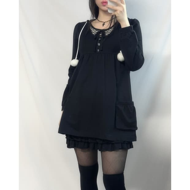 버튼 넥 폼폼 원피스 리본 프릴 슬리브리스 2pcs SET