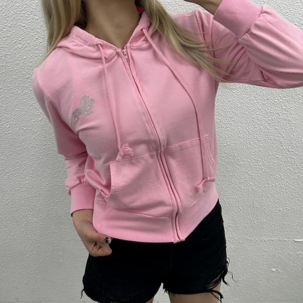 재팬 비즈 로고 핑크 후드집업