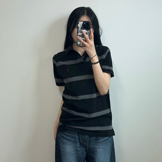 폴로 랄프로렌 자수로고 단가라 피케 반팔 카라 티셔츠