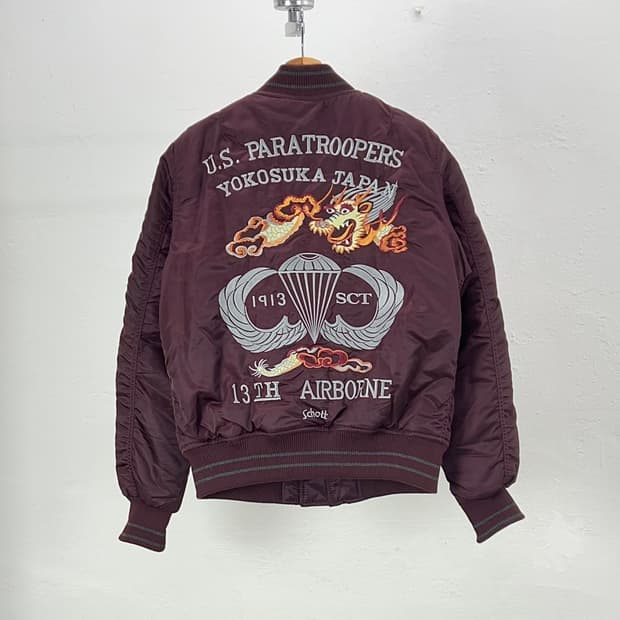 쇼트 NYC 버건디 라이닝 드래곤 스카잔 봄버 자켓