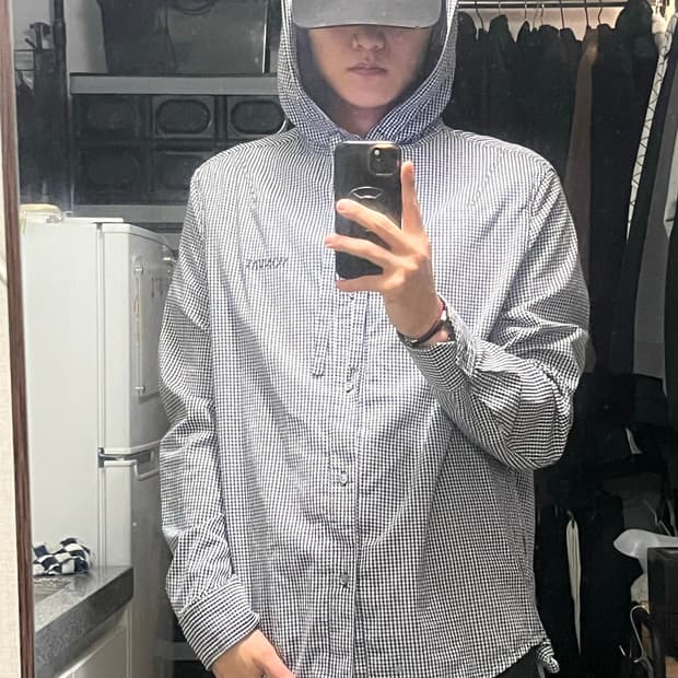 스트링 후드 체크셔츠 vonvat