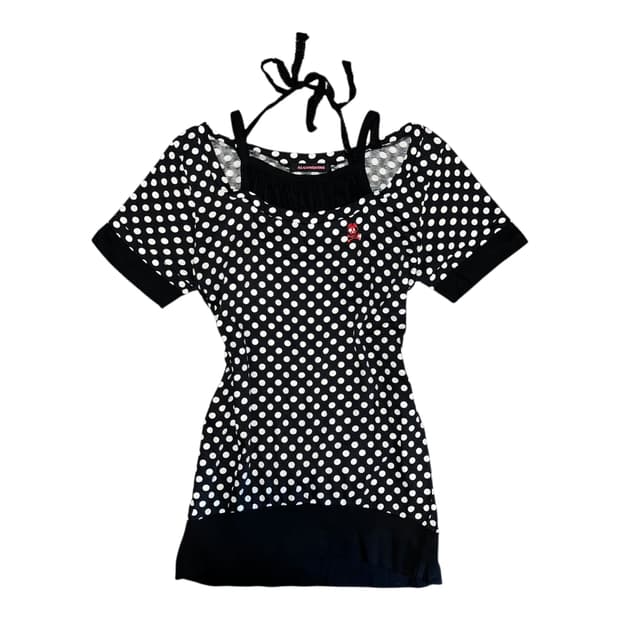 ALGONQUINS 알곤퀸즈 도트 해골자수 레이스 홀터넥 반팔 펑크키치