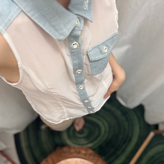 데님카라 시스루 셔츠슬리브리스