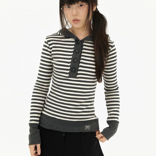 미레코 스트라이프 후디티셔츠 차콜
