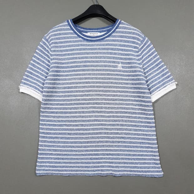 여성 55 빈폴 린넨 마 블렌드 스트라이프 부클 트위드 니트 반팔 티셔츠