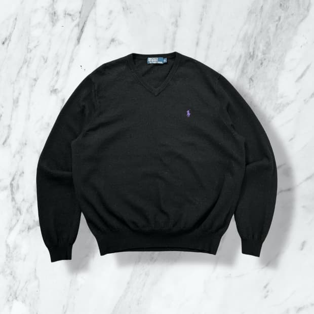 폴로 랄프로렌 퍼플 포니 블랙 브이넥 니트