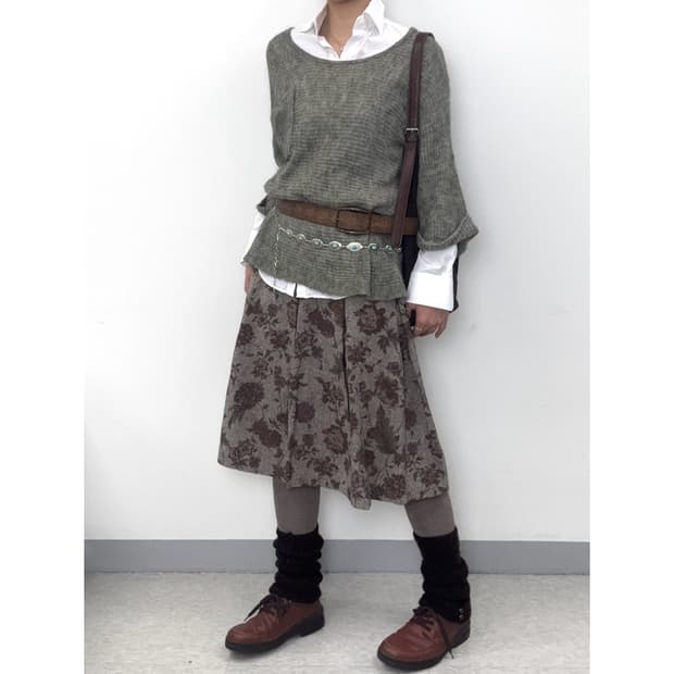 빈티지 플로럴 플리츠 울 스커트