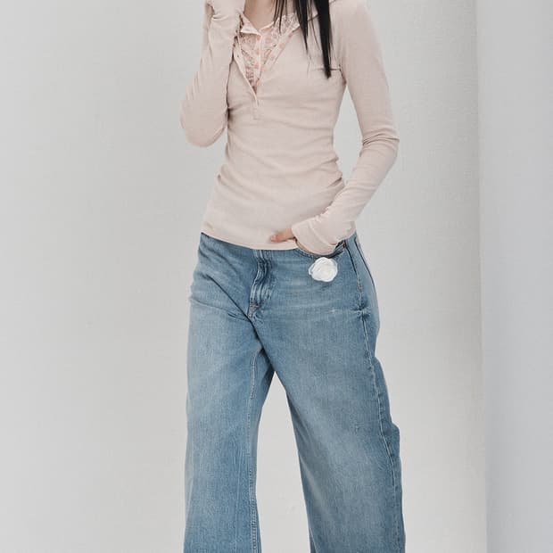 일리오 핑크 레이스 레이어드 롱슬리브 폴로 셔츠 M