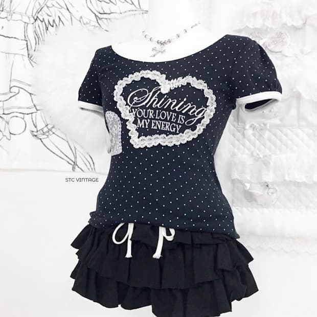 네이비 도트 레이스 하트 링거탑 반팔티 화이트 러블리 빈티지