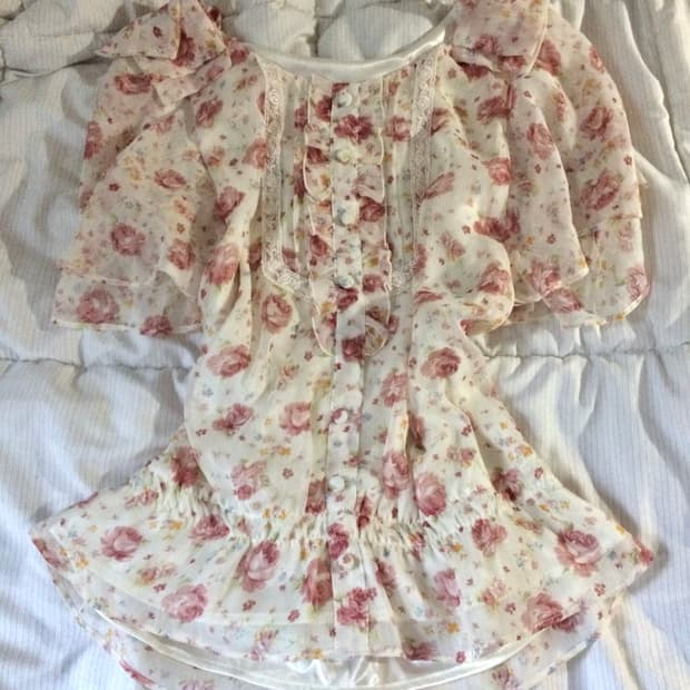 빈티지 히메카지 러블리 플라워 장미 프릴 리본 탑 리즈리사깔