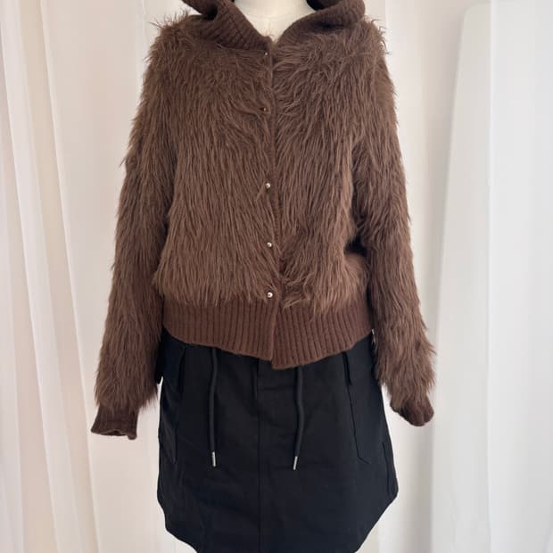 초코 헤어리 페이크 퍼 후디 가디건