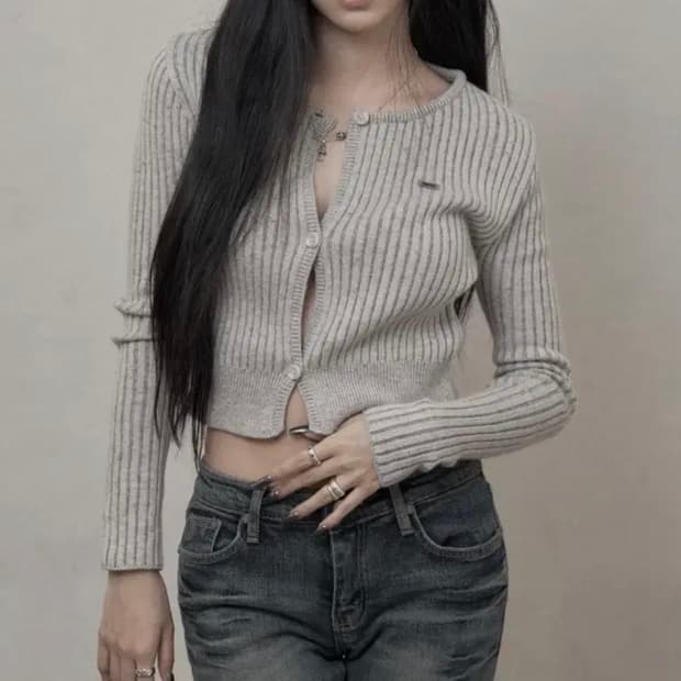 카키포인트 투톤 리브드 가디건 멜란지