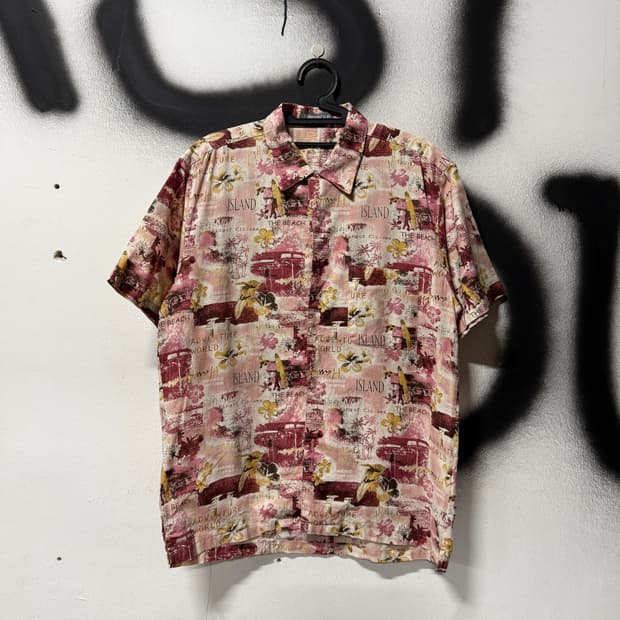 VTG 빈티지 플라워 자카드 풀 패턴 하와이안 반팔 셔츠