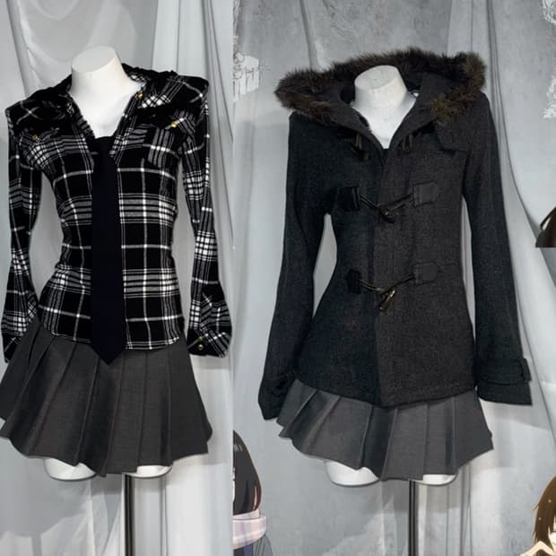 사와코깔 트랄라라 체크 무채색 니혼진 떡볶이 퍼 후드 코트 코디세트