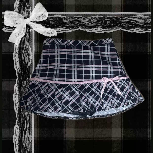 체크 리본 초고교급 초 미니 스커트