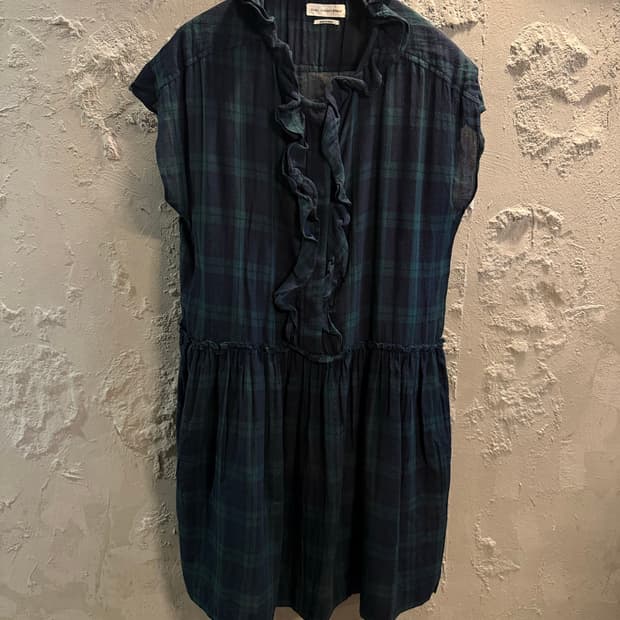 34 이자벨마랑 ISABEL MARANT 프릴 셔링 체크 원피스 그린