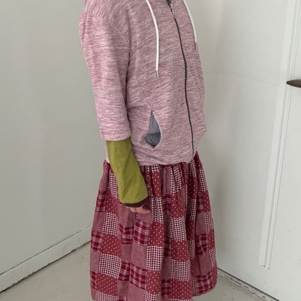 일본빈티지 디테일 레이어드 반팔 후드집업