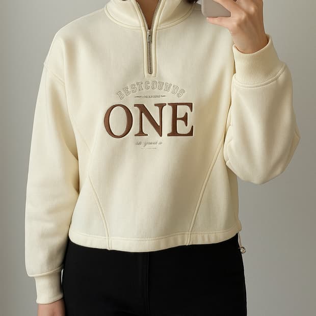 스튜디오에이지 아이보리 하프집업 맨투맨 / 스트링 자수 스웻